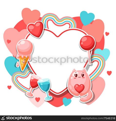 Happy Valentine Day frame. Kawaii illustration with love symbols.. Happy Valentine Day frame.
