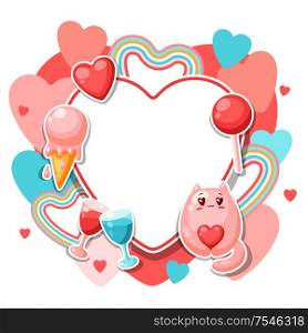 Happy Valentine Day frame. Kawaii illustration with love symbols.. Happy Valentine Day frame.