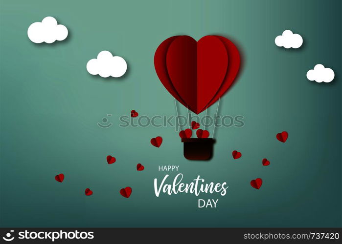 Happy Valentine day. Greeting card. Air balloon with hearts flying on the sky in origami style. Vector illustration in paper design
