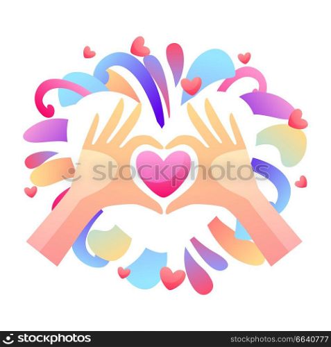 Happy Valentine Day greeting card. Background with hands holding heart.. Happy Valentine Day greeting card.