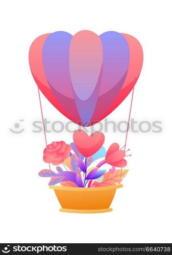 Happy Valentine Day greeting card. Background with hot air balloon and flowers.. Happy Valentine Day greeting card.