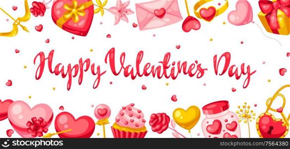 Happy Valentine Day greeting card. Holiday background with romantic items and love symbols.. Happy Valentine Day greeting card.
