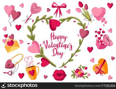 Happy Valentine Day greeting card. Holiday background with romantic items and love symbols.. Happy Valentine Day greeting card. Holiday background with romantic and love symbols.