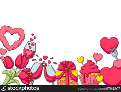 Happy Valentine Day greeting card. Holiday background with romantic items and love symbols.. Happy Valentine Day greeting card. Holiday background with romantic love symbols.