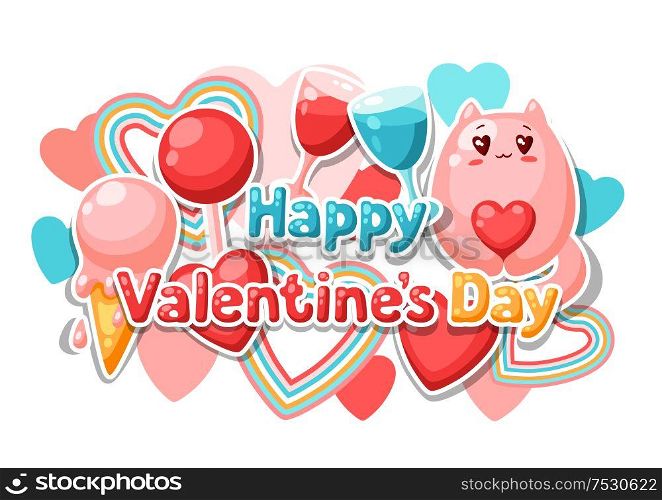 Happy Valentine Day greeting card. Kawaii illustration with love symbols.. Happy Valentine Day greeting card.