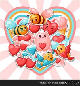 Happy Valentine Day greeting card. Kawaii illustration with love symbols.. Happy Valentine Day greeting card.