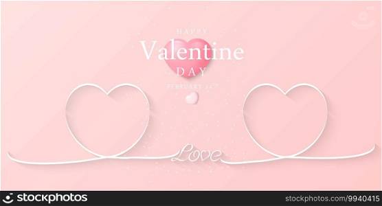 Happy Valentine Day.Greeting card pink background with white ribbon hearts shape.Vector illustration.Eps10