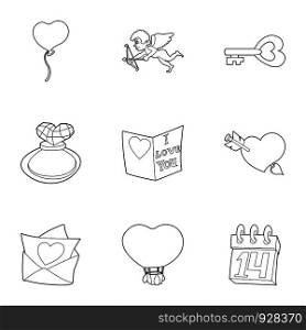 Happy valentine day icons set. Outline set of 9 happy valentine day vector icons for web isolated on white background. Happy valentine day icons set, outline style