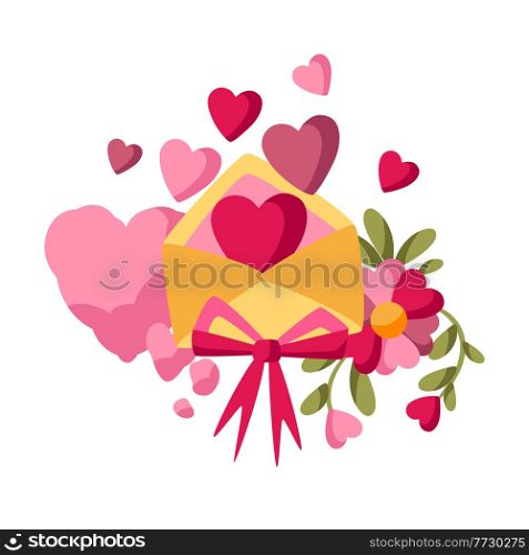 Happy Valentine Day illustration. Holiday background with romantic items and love symbols.. Happy Valentine Day illustration. Holiday background with romantic and love symbols.