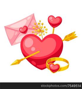 Happy Valentine Day illustration. Holiday romantic items and love symbols.. Happy Valentine Day illustration.