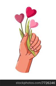 Happy Valentine Day illustration of hand holding bouquet. Holiday romantic image and love symbol.. Happy Valentine Day illustration of hand holding bouquet. Holiday romantic and love symbol.