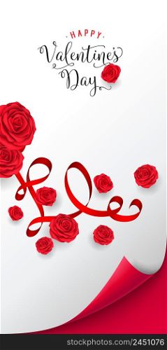 Happy Valentine Day lettering. Bright inscription with roses and red ribbon. Creative holiday background. Lettering can be used for invitations, greeting cards, leaflets and brochure