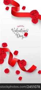 Happy Valentine Day lettering. Creative inscription with roses and red ribbon on white background. Valentine Day holiday. Lettering can be used for invitations, greeting cards, leaflets and brochure