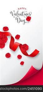 Happy Valentine Day lettering. Creative inscription with roses and red ribbon on white background. Valentine Day holiday. Lettering can be used for invitations, greeting cards, posters