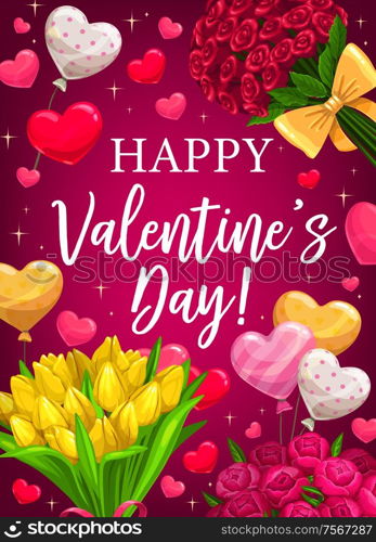 Happy Valentine day, love holiday heart balloons and flowers. Valentines day love wish, roses and tulip flowers bouquets with sparkling stars on pink background. Valentines day red flowers and heart balloons