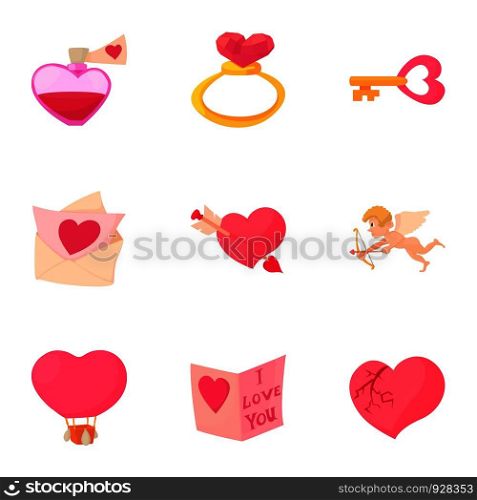 Happy valentine day objects icons set. Cartoon set of 9 happy valentine day objects vector icons for web isolated on white background. Happy valentine day objects icons set