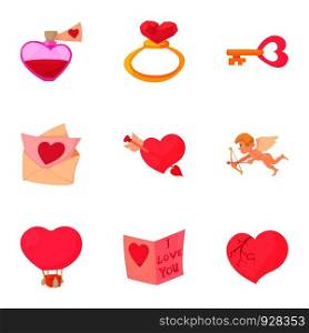 Happy valentine day objects icons set. Cartoon set of 9 happy valentine day objects vector icons for web isolated on white background. Happy valentine day objects icons set