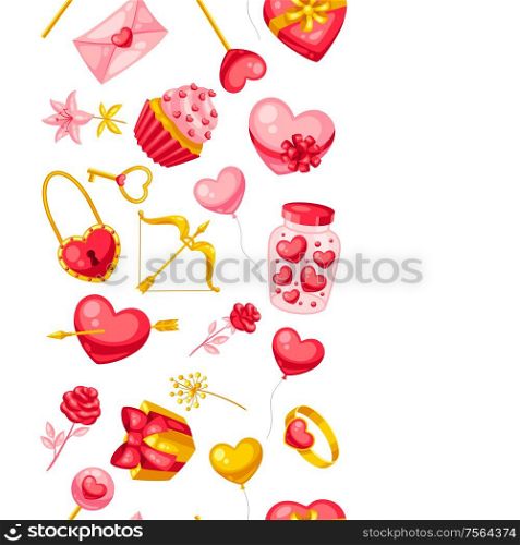 Happy Valentine Day seamless pattern. Holiday background with romantic items and love symbols.. Happy Valentine Day seamless pattern.