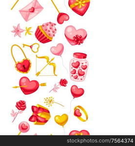 Happy Valentine Day seamless pattern. Holiday background with romantic items and love symbols.. Happy Valentine Day seamless pattern.