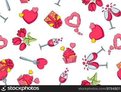 Happy Valentine Day seamless pattern. Holiday background with romantic items and love symbols.. Happy Valentine Day seamless pattern. Holiday background with romantic love symbols.