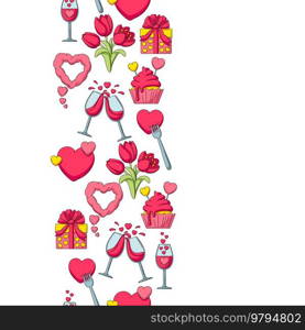 Happy Valentine Day seamless pattern. Holiday background with romantic items and love symbols.. Happy Valentine Day seamless pattern. Holiday background with romantic love symbols.