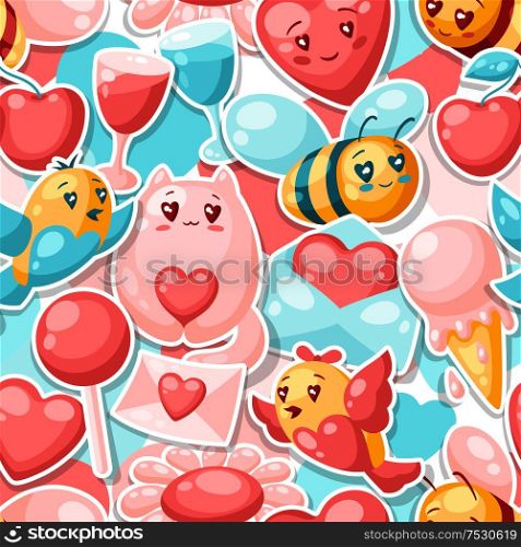 Happy Valentine Day seamless pattern. Kawaii illustration with love symbols.. Happy Valentine Day seamless pattern.