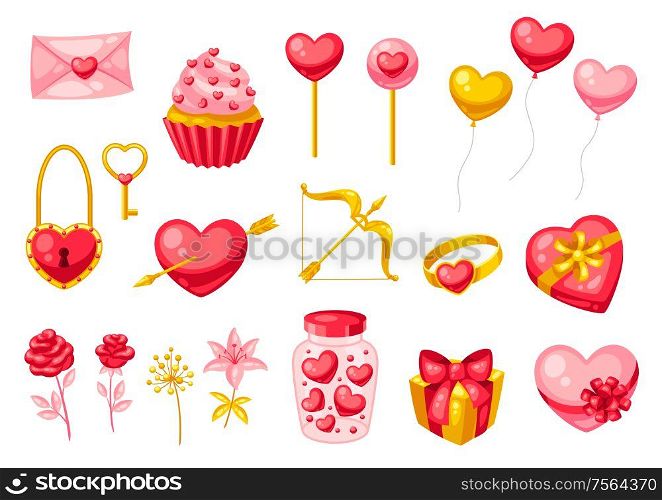 Happy Valentine Day set. Holiday romantic items and love symbols.. Happy Valentine Day set.