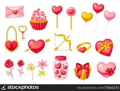 Happy Valentine Day set. Holiday romantic items and love symbols.. Happy Valentine Day set.