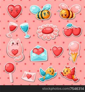 Happy Valentine Day set of stickers. Kawaii illustration with love symbols.. Happy Valentine Day set of stickers.