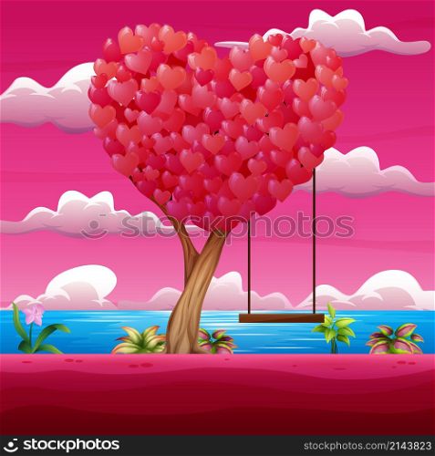 Happy valentine day with heart tree and swing