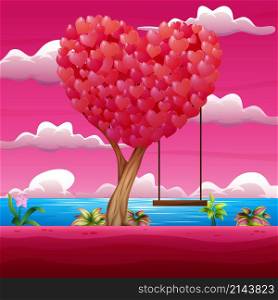 Happy valentine day with heart tree and swing