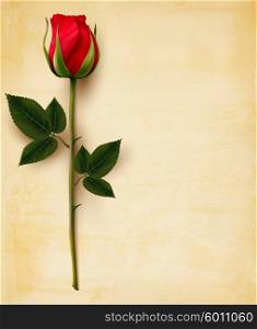 Happy Valentine&rsquo;s Day background. Single red rose on an old paper background. Vector.