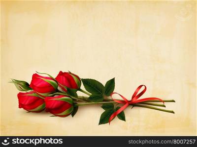 Happy Valentine&rsquo;s Day background. Single red roses on an old paper background. Vector.