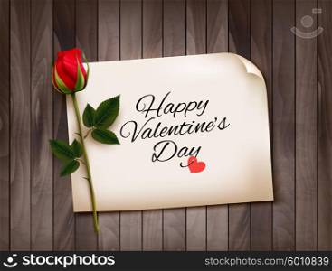 Happy Valentine&rsquo;s Day background with a note on a wooden wall and a red rose. Vector.