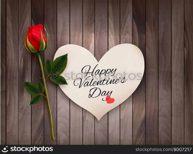 Happy Valentine&rsquo;s Day background with a note on a wooden wall and a red rose. Vector.