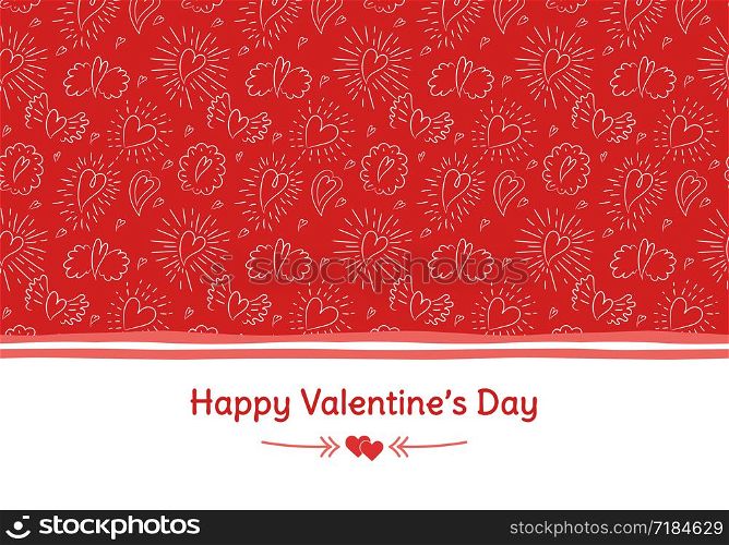 Happy Valentine&rsquo;s Day banner. Greeting card. Love. Coral color. Hand drawn hearts and wings. Design for February 14