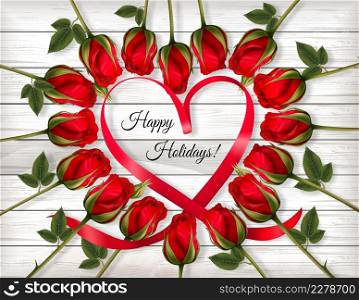 Happy Valentine&rsquo;s Day beautiful getting card with colorful roses and a red heart shape ribbon on wooden sign. Vector.