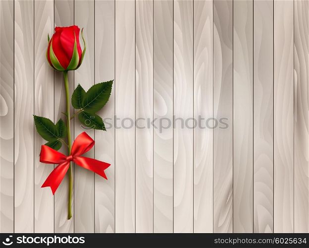 Happy Valentine&rsquo;s day. Beautiful red rose and gift bow on wooden background. Vector.