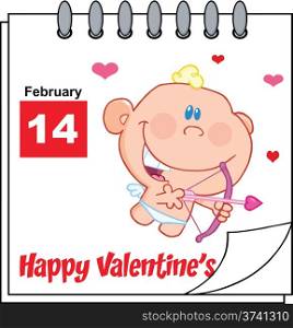 Happy Valentine&rsquo;s Day Calendar With Cute Baby Cupid Flying With Bow And Arrow