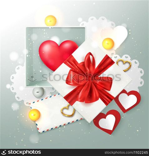 Happy Valentine&rsquo;s day composition with gift box and romantic elements, postcard, banner, vector illustration