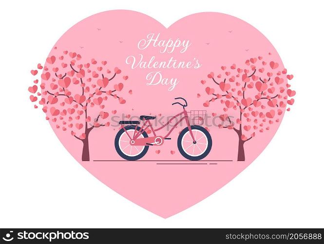 Happy Valentine&rsquo;s Day Flat Design Illustration Which is Commemorated on February 17 with Teddy Bear, Bicycle and Gift for Love Greeting Card