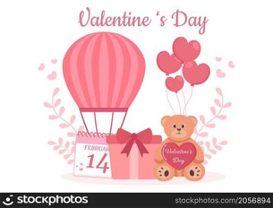 Happy Valentine&rsquo;s Day Flat Design Illustration Which is Commemorated on February 17 with Teddy Bear, Air Balloon and Gift for Love Greeting Card