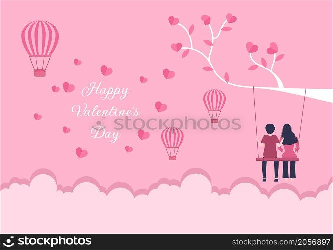 Happy Valentine&rsquo;s Day Flat Design Illustration Which is Commemorated on February 17 with Teddy Bear, Air Balloon and Couple for Love Greeting Card