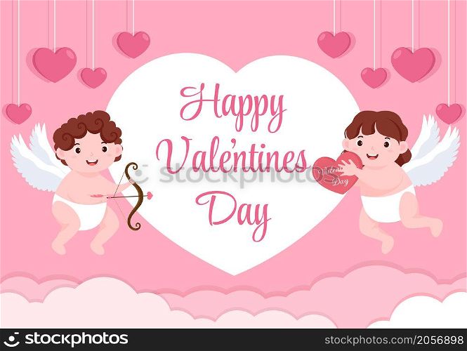 Happy Valentine&rsquo;s Day Flat Design Illustration Which is Commemorated on February 17 with Cute Cupid, Angels on Clouds for Love Greeting Card