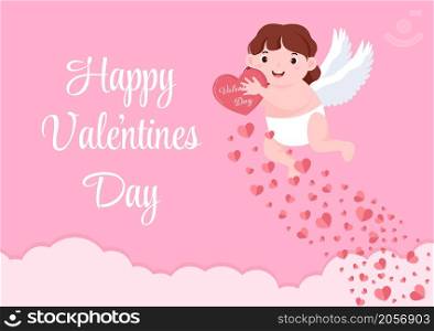 Happy Valentine&rsquo;s Day Flat Design Illustration Which is Commemorated on February 17 with Cute Cupid, Angels on Clouds for Love Greeting Card