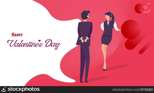 Happy Valentine's day flat design. Man giving rose to his girlfriend for romantic flirting. Graphic design concept. Vector illustration