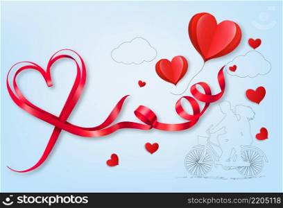 Happy Valentine&rsquo;s Day getting card with a red heart shape ribbon and couple in love in bike. Vector.