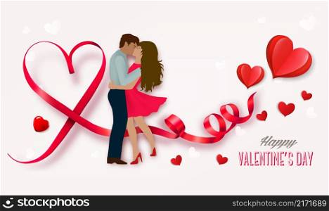 Happy Valentine&rsquo;s Day getting card with couple in love and a red heart shape ribbon. Vector.