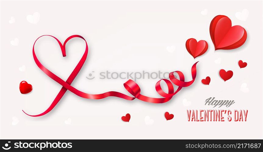 Happy Valentine&rsquo;s Day getting card with heart shape ribbon and red hearts. Vector.