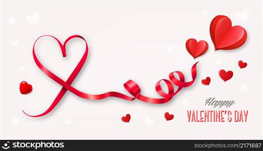 Happy Valentine&rsquo;s Day getting card with heart shape ribbon and red hearts. Vector.